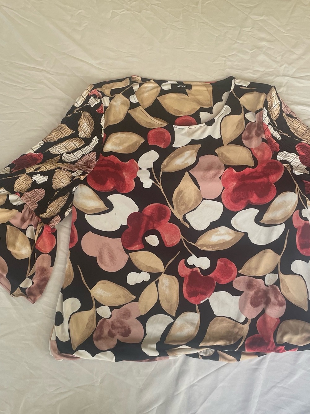 Alfani Satin Floral Top in Black, Gold & Red